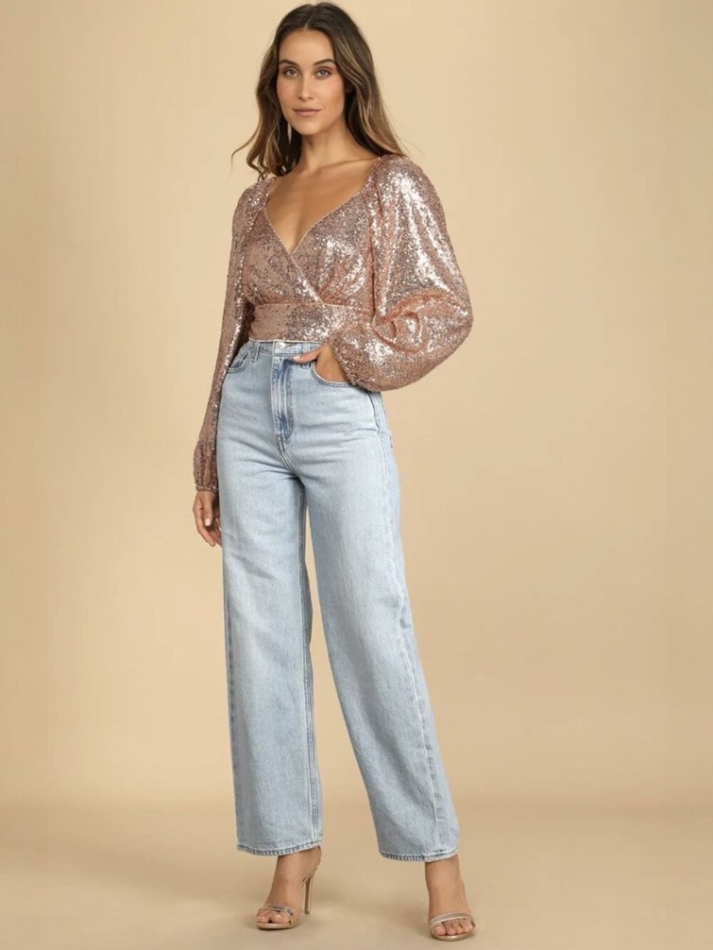 NWT Lulus Sequin of Events Blush Sequin Surplice Long Sleeve Crop Top (size S)